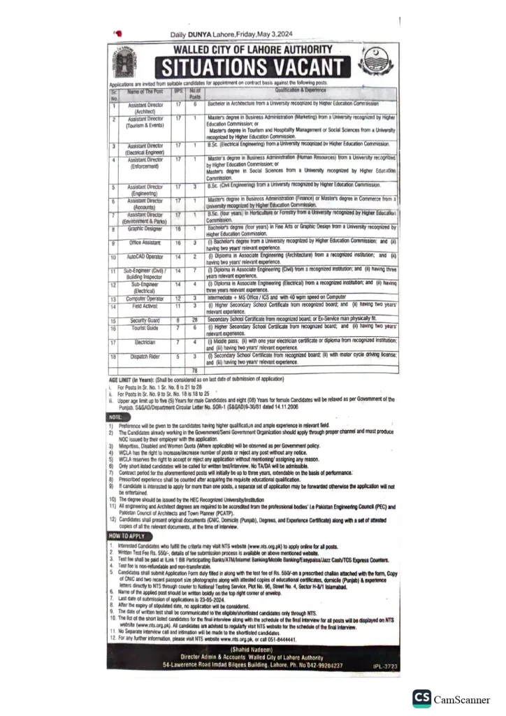 Walled City of Lahore Authority Jobs May 2024 Latest 78 Jobs Online Apply