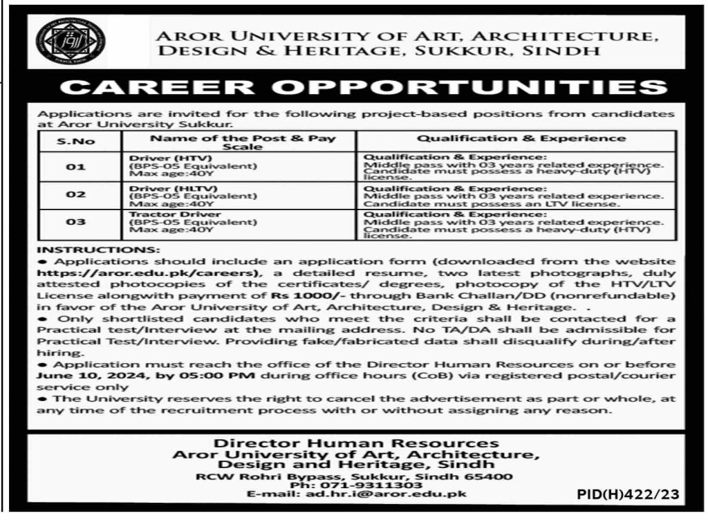 Aror University Sukkur Sindh Jobs May 2024 Latest Driver Jobs Application Form