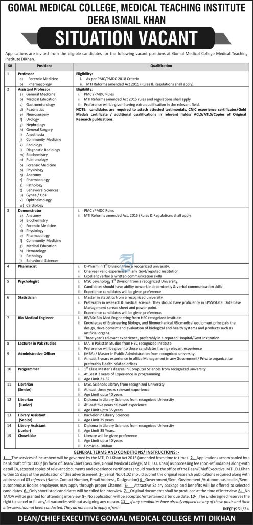 Gomal Medical College & Medical Teaching Institute D.I. Khan Jobs May 2024 Latest Jobs 
