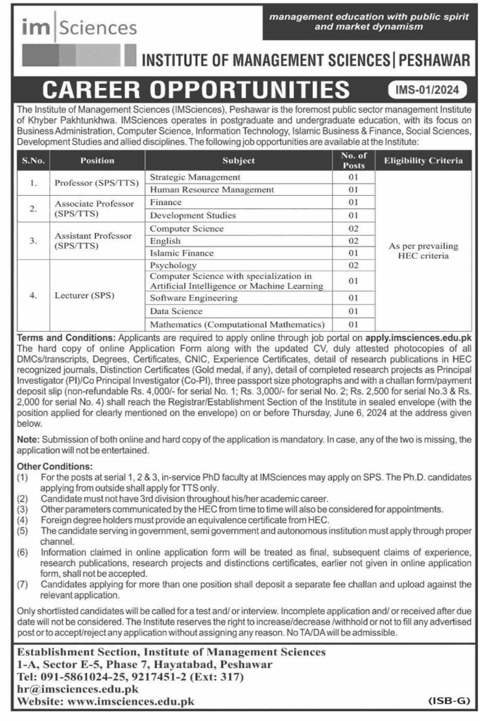 Institute of Management Sciences Peshawar Jobs May 2024 Latest Teaching Jobs Online Apply