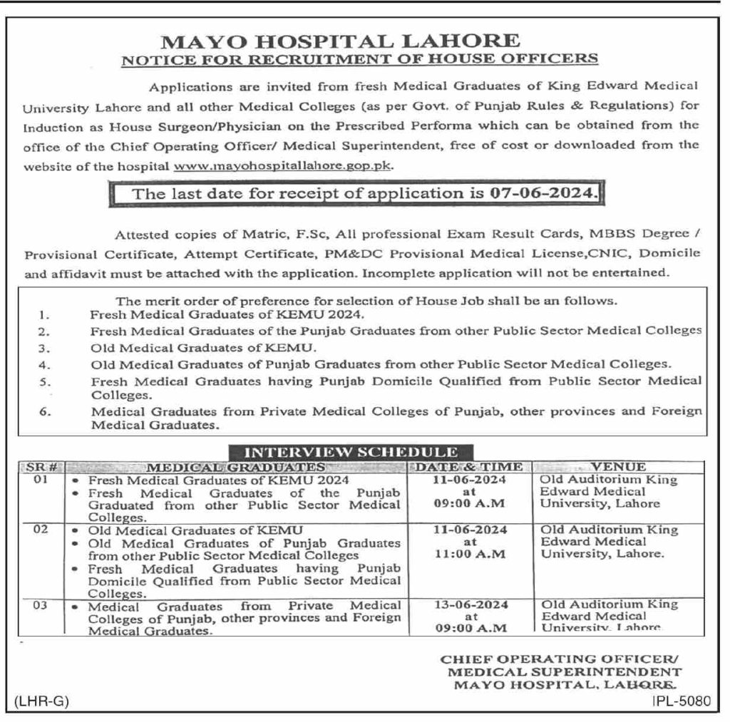 Mayo Hospital Lahore Jobs June 2024 Latest House Officers Jobs Application Form 