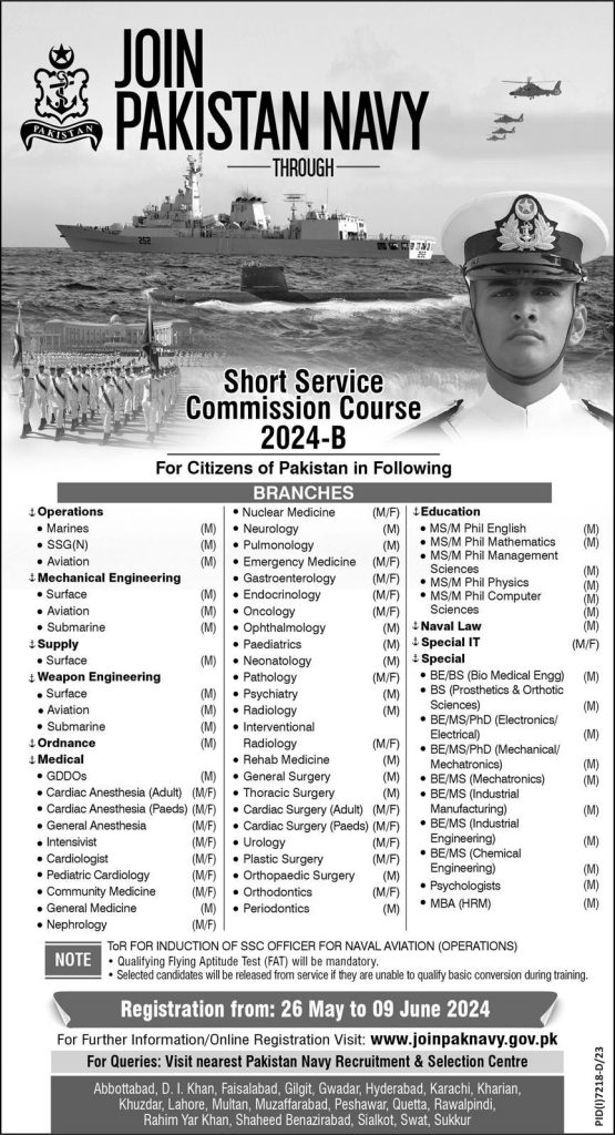 Pakistan Navy Short Service Commission Course 2024-B Latest Jobs Online Registration 