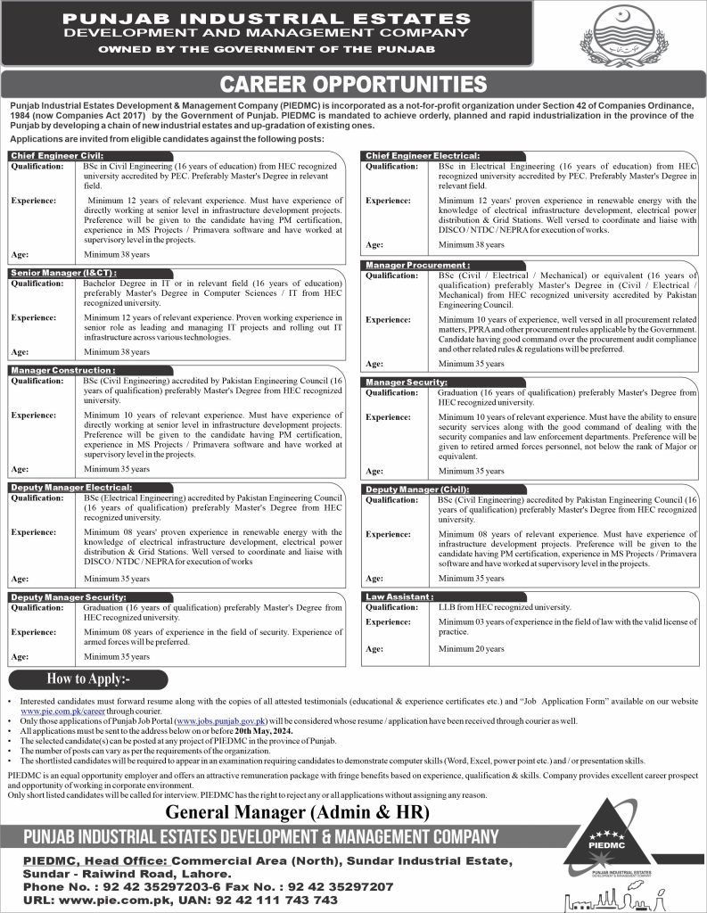 Punjab Industrial Estate Development & Management Company Jobs May 2024 Latest Jobs Online Apply