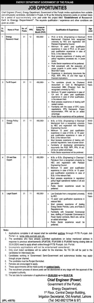 Energy Department Lahore Jobs May 2024 Latest Jobs Online Apply