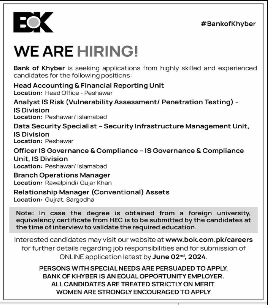 Bank of Khyber Jobs May 2024 Latest BOK Jobs Online Apply