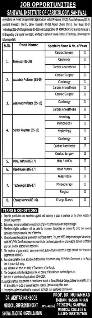 Sahiwal Institute of Cardiology Jobs May 2024 Latest Jobs of Nurses, Medical Officers & Others 