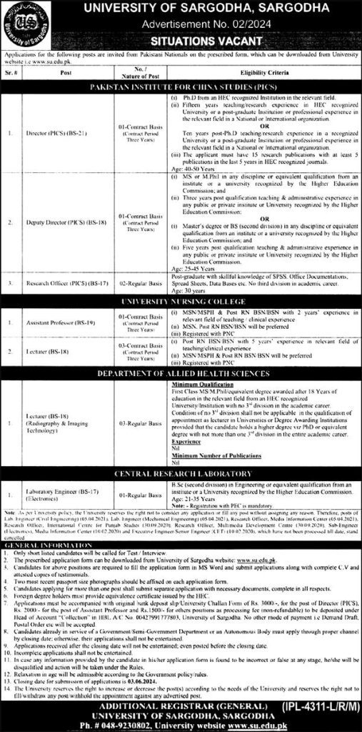 University of Sargodha Jobs May 2024 Latest Teaching & Non Teaching Jobs Application Form