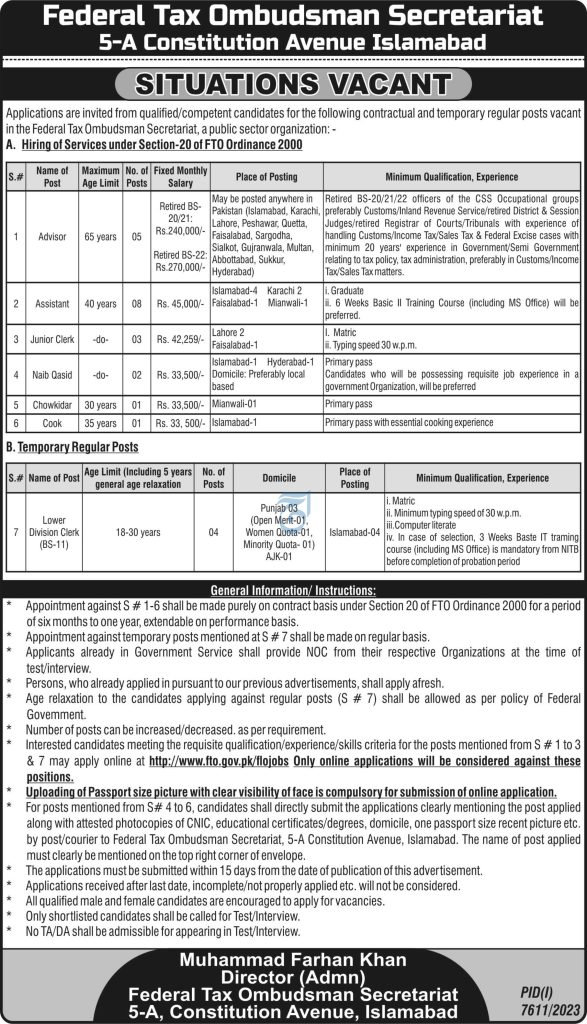 Federal Tax Ombudsman Secretariat Islamabad Jobs June 2024 Latest Jobs Online Apply