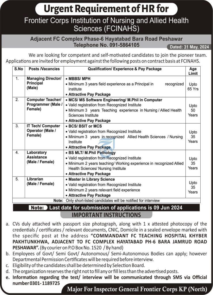 Frontier Corps Institution of Nursing & Allied Health Sciences Peshawar Jobs June 2024 Latest Jobs