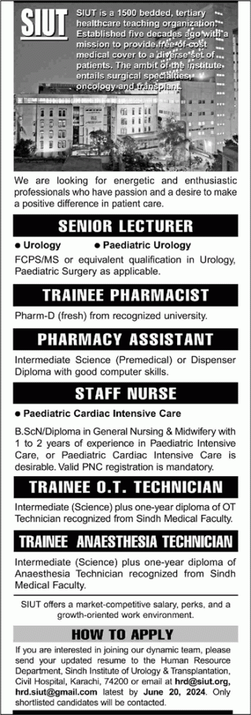 SIUT Hospital Karachi Jobs June 2024  Latest Jobs Apply by E Mail