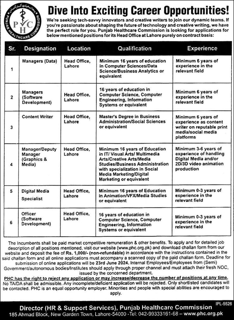 Public Healthcare Commission PHC Lahore Jobs June 2024 Latest Jobs Online Apply