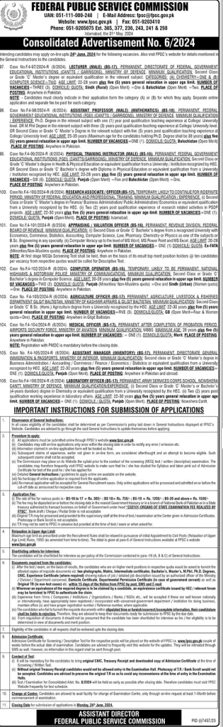FPSC Jobs June 2024 Advertisement No 06/2024 Latest Jobs in Federal Public Service Commission Online Apply 