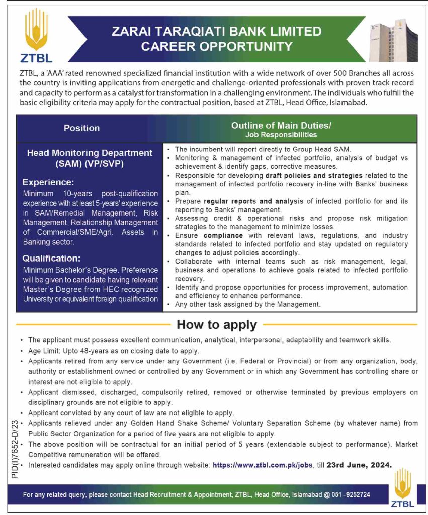 ZTBL Bank Jobs June 2024 Latest Jobs  Zarai Taraqiati Bank Limited  Online Apply